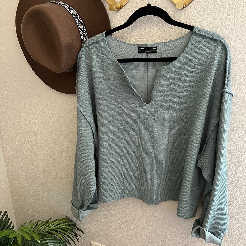 Urban Outfitters Sage Teal Ribbed Oversized Cozy Knit Henley Sweatshirt Shirt